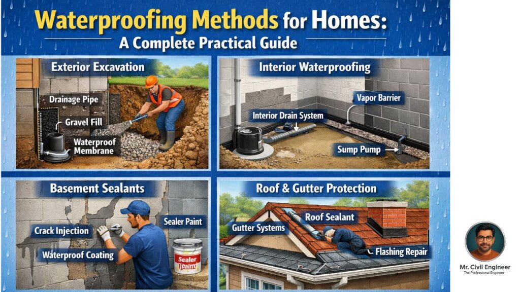 Waterproofing methods for homes including terrace, bathroom, walls and basement protection
