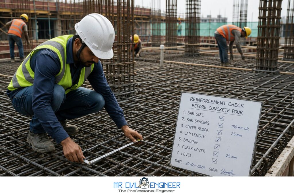 Civil engineer inspecting reinforcement bars using structural drawings