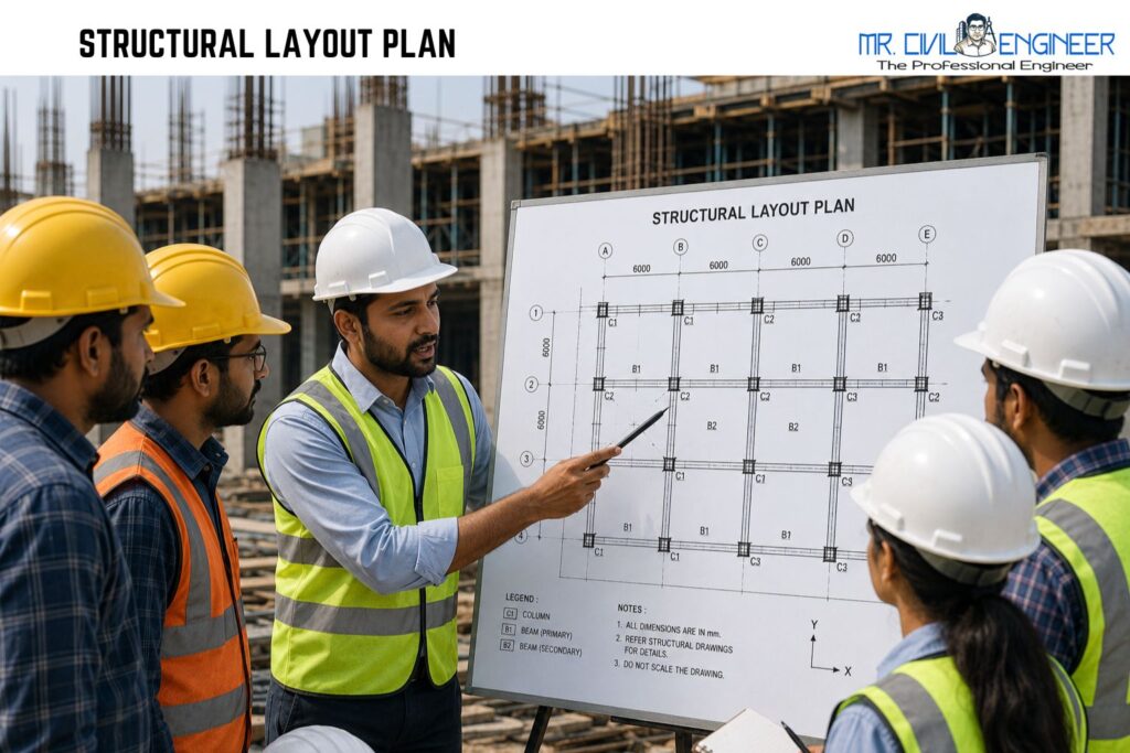 Site engineer explaining structural layout to construction workers