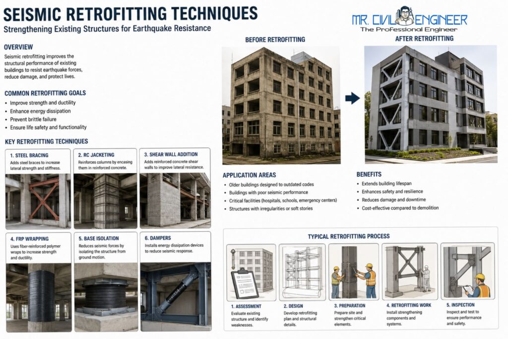 Existing building strengthened using seismic retrofitting and structural reinforcement methods.

