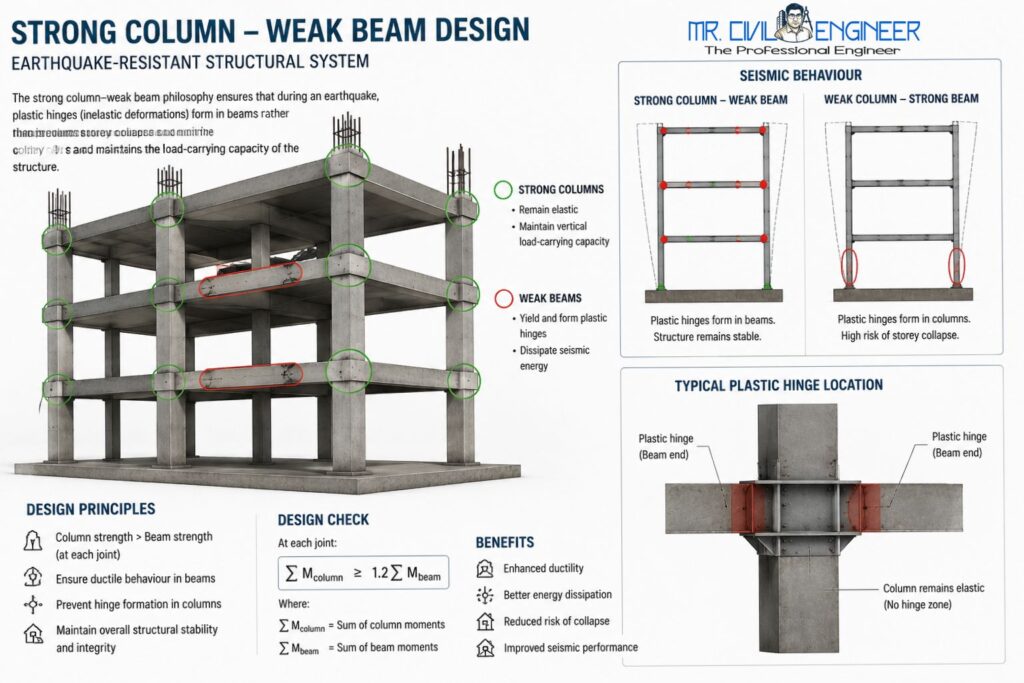 Structural engineering illustration showing strong column weak beam earthquake design.