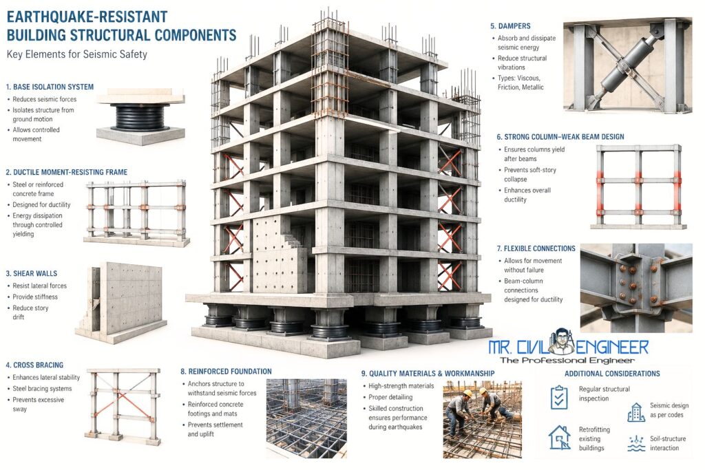 Earthquake-resistant building showing shear walls, beams, columns, and foundation system.