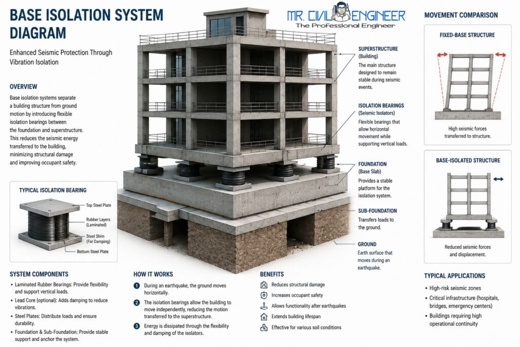 Base isolation bearings installed between building foundation and superstructure.
