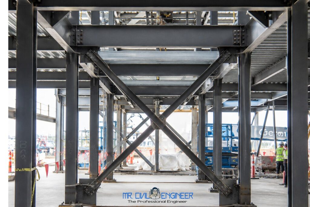 Steel cross-bracing system used to improve seismic resistance of buildings.